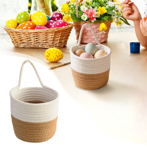 Cotton Rope Hanging Storage Basket Multi Purpose Woven Organizer For Cosmetics Snacks Easter Eggs Wall Desktop Burr Basket (5.9*4.7 In) Brown&White