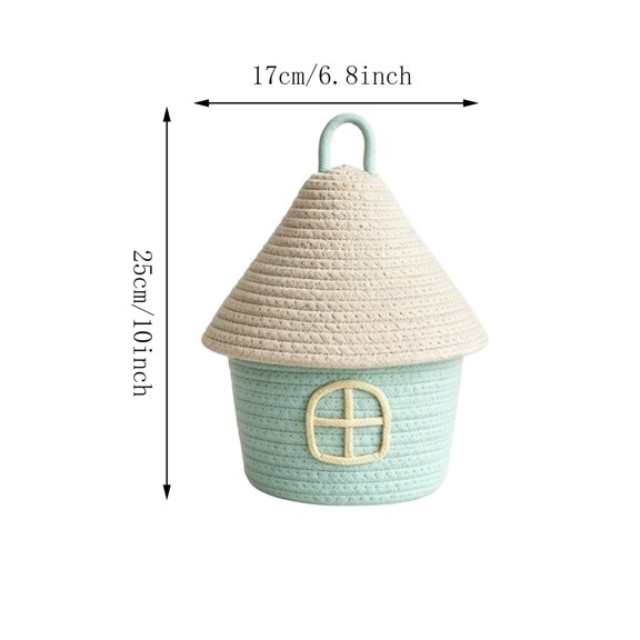 Cotton Rope House Shaped Storage Basket With Lid - Woven Desktop Organizer Bin for Cosmetics and Small Sundries, Portable Decorative Container, 1 Pack
