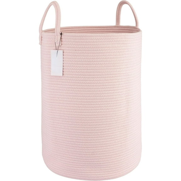 Cotton Rope Laundry Basket Hamper for Clothes Woven Storage Basket for Living Room Bedroom Boho Tall Rope Baskets for Blanket Toys Pillow Towels Baby Nursery Hamper Bin Large light pink