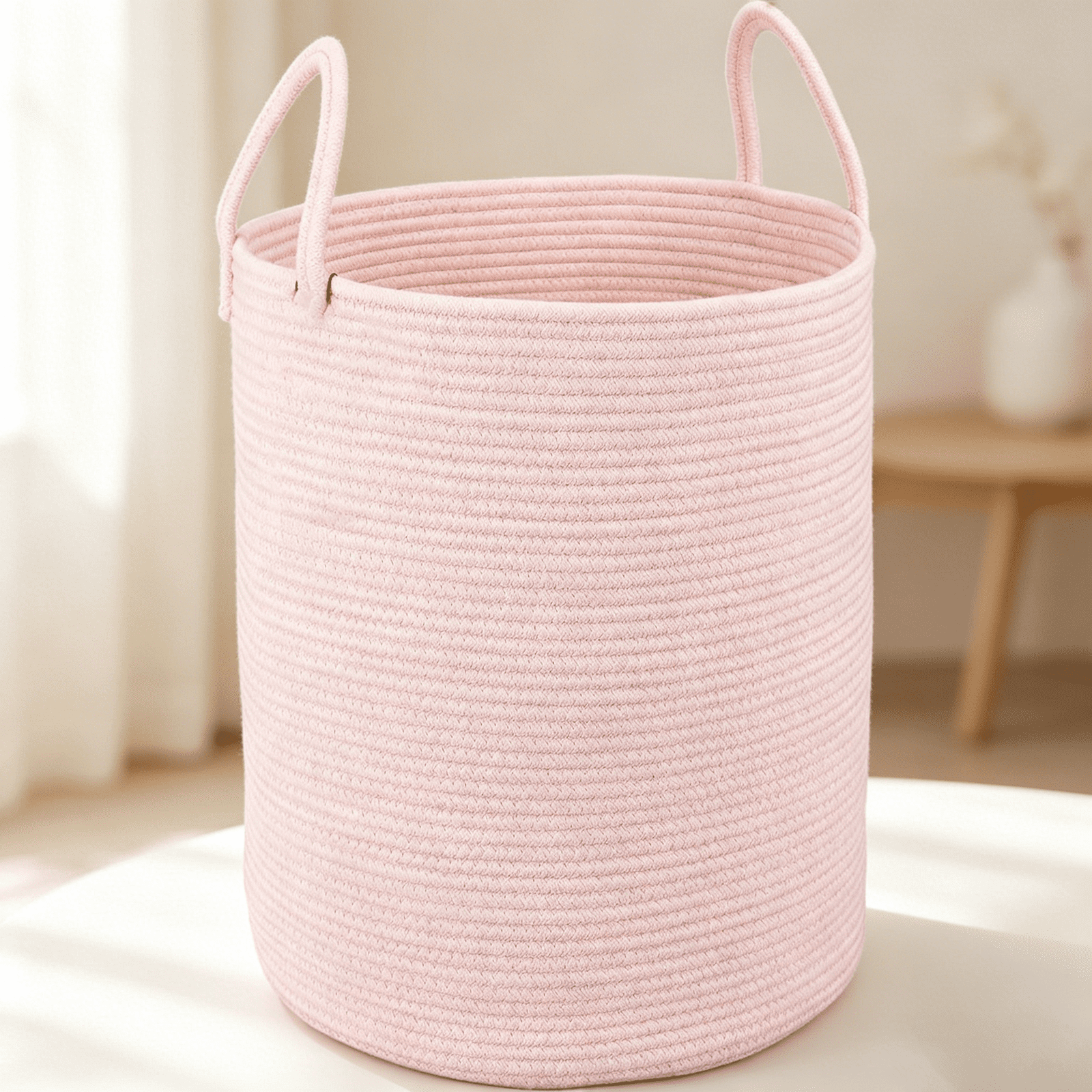 Cotton Rope Laundry Basket Hamper for Girls Kids Baby Nursery Hamper Bin Woven Storage Basket for Living Room Girls room Boho Tall Rope Baskets for Blanket Toys Large light pink