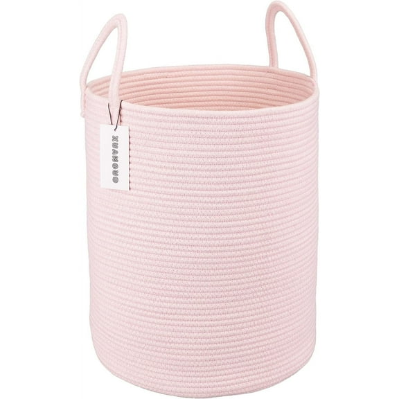 Cotton Rope Laundry Basket Hamper for Girls Kids Baby Nursery Hamper Bin Woven Storage Basket for Living Room Girls room Boho Tall Rope Baskets for Blanket Toys Large light pink