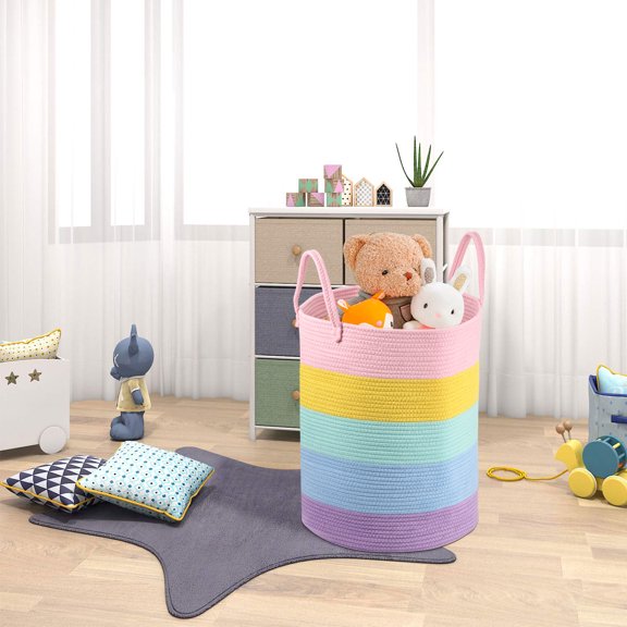 Cotton Rope Laundry Basket Large Capacity Clothes Storage Woven Basket with Handle Blanket Towel Organizer for Toys Clothes