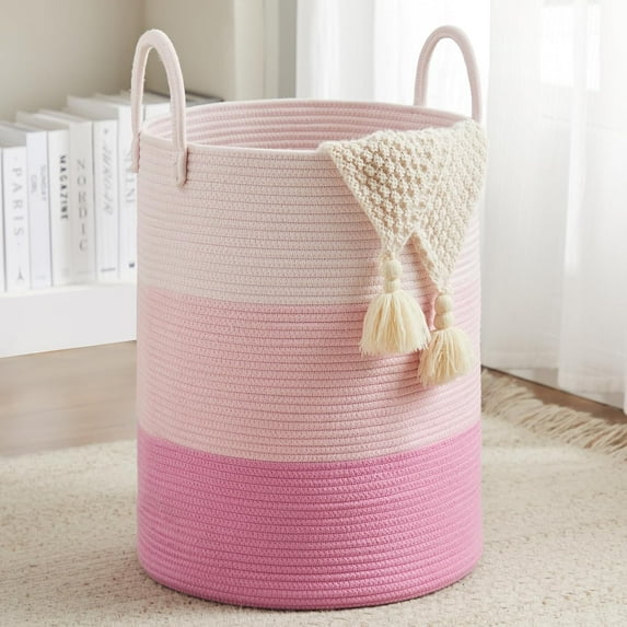 Cotton Rope Laundry Hamper, Tall Woven Laundry Basket Storage, Baby Nursery Hamper for Blankets, Toys and Clothes Hamper for Bedroom and Living Room Organizing, 72L, Pink