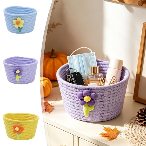 Cotton Rope Mini Desktop Storage Bin with Floral Design, Stackable Organizer for Sweets, Office Desk, and Bedroom, Light Blue