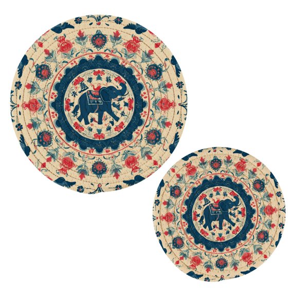 Cotton Rope Pot Holder Set of 2 Kitchen Trivets Blue and Red Tibetan Pattern Potholdersfor Hot Pans & Dishes