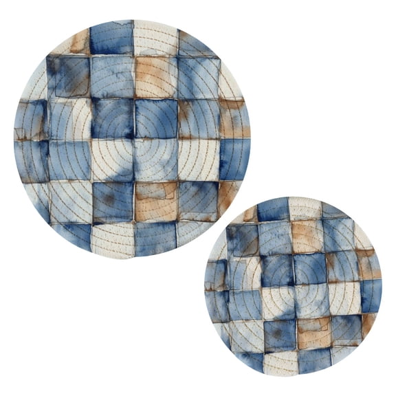 Cotton Rope Pot Holder Set of 2 Kitchen Trivets Blue and Whiten Square Tiles Potholdersfor Hot Pans & Dishes