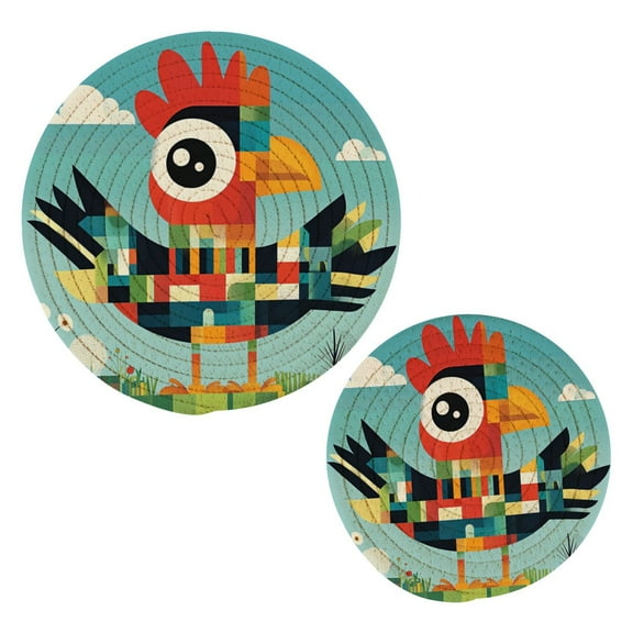 Cotton Rope Pot Holder Set of 2 Kitchen Trivets Cartoon Rooster Potholdersfor Hot Pans & Dishes