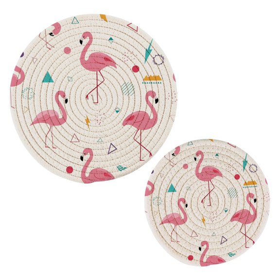 Cotton Rope Pot Holder Set of 2 Kitchen Trivets Cute Flamingo Pattern Potholdersfor Hot Pans & Dishes