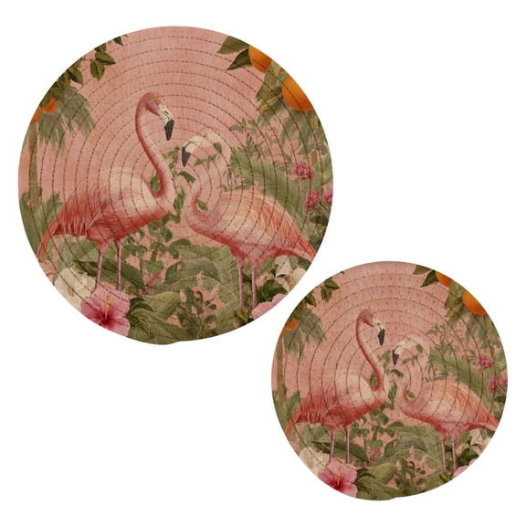 Cotton Rope Pot Holder Set of 2 Kitchen Trivets Flamingos in Tropical Garden Potholdersfor Hot Pans & Dishes