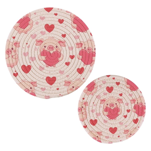 Cotton Rope Pot Holder Set of 2 Kitchen Trivets Pink Cute Pigs Potholdersfor Hot Pans & Dishes