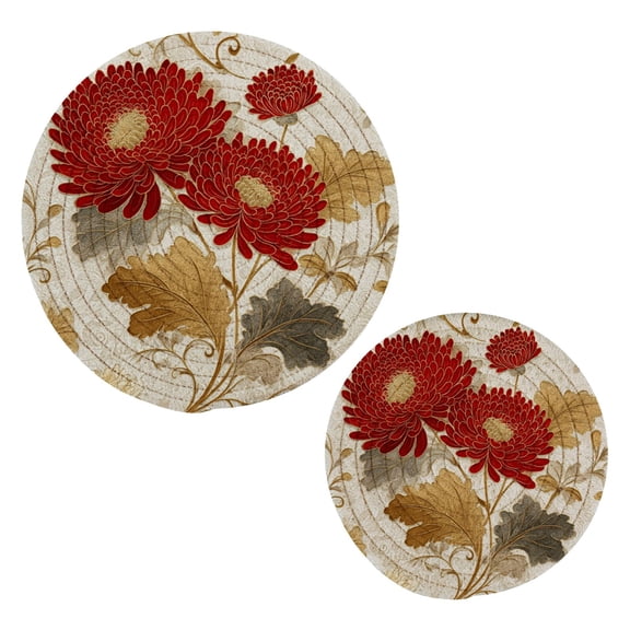 Cotton Rope Pot Holder Set of 2 Kitchen Trivets Red Chrysanthemum Pattern Potholdersfor Hot Pans & Dishes