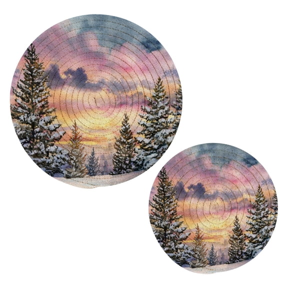 Cotton Rope Pot Holder Set of 2 Kitchen Trivets Watercolor Winter Landscape Potholdersfor Hot Pans & Dishes