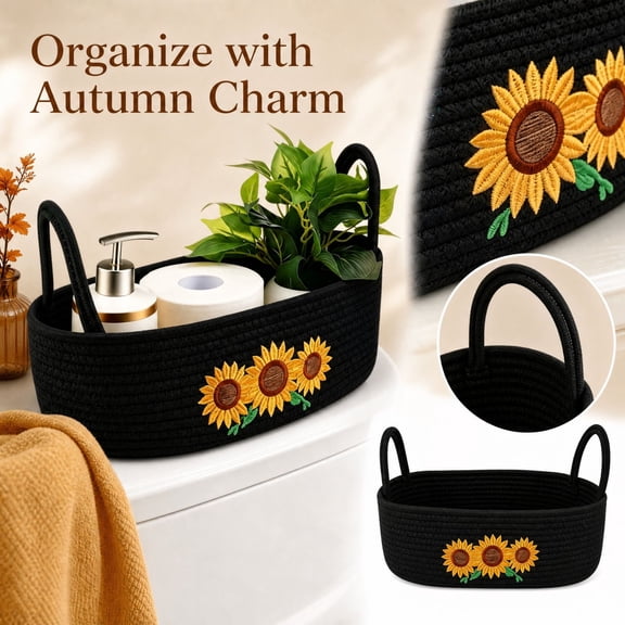 Cotton Rope Storage Basket with Embroidered Sunflowers and Handles, Versatile Woven Basket for Bathroom Countertop and Living Room Organization, Fall Home Decor and Gift Basket, 1
