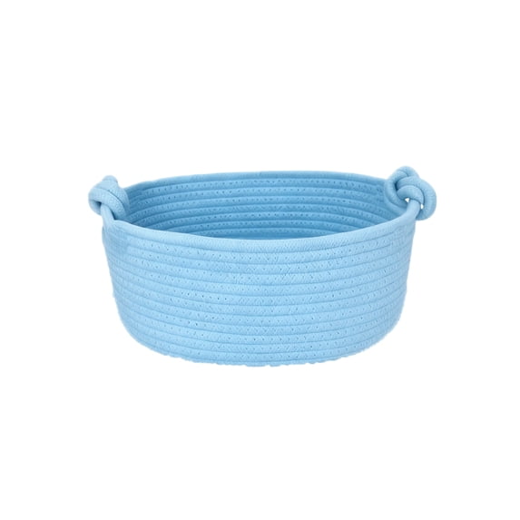 Cotton Rope Storage Basket, Light Blue Woven Round Organizer with Knotted Handles, 1 Pack Decorative Multipurpose Bin for Bedroom Bathroom Kitchen Countertop, Sturdy Portable Storage Solution for Sma