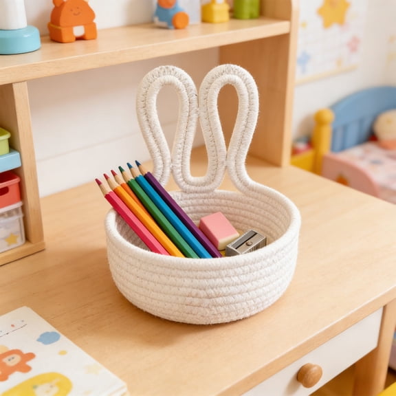 Cotton Rope Storage Basket with Rabbit Ear Handles and Pom Pom Detail Blue Woven Bin for Easter Decor Cosmetics Snacks Keys and Small Item Organization