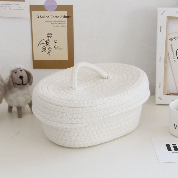 Woven Baskets Cotton Knitting Basket with Lid,White Baskets Sundries Cosmetics Toys Storage Basket