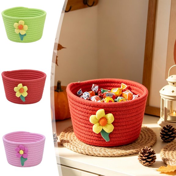 Cotton Rope Storage Basket | Woven Desktop Organizer Bin for Snacks Candy Small Household Items | Mini Decorative Countertop Container for Home Office Bedroom Holiday Party Favors|7 X 7 X 4 Inches