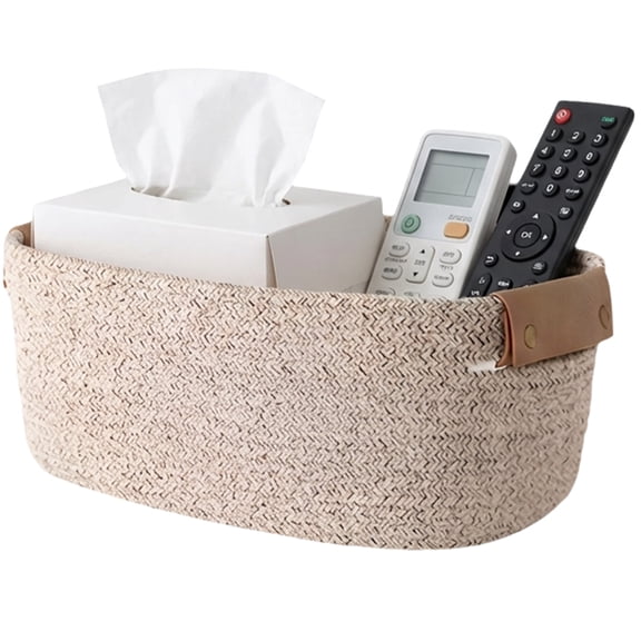 Cotton Rope Storage Basket with PU Leather Handles, Woven Organizer Basket for Clothes, Towels, Books and Home Storage,Brown Large