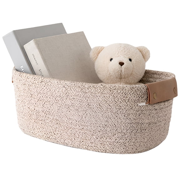 Cotton Rope Storage Basket with PU Leather Handles, Woven Organizer Basket for Clothes, Towels, Books and Home Storage,Brown Small