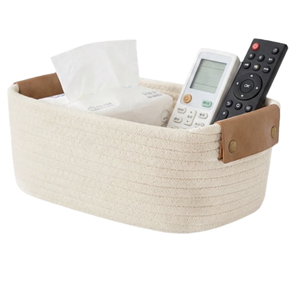 Cotton Rope Storage Basket with PU Leather Handles, Woven Organizer Basket for Clothes, Towels, Books and Home Storage,White Large