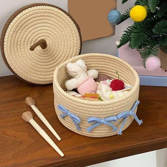 Cotton Rope Storage Bucket 12cm Cotton Rope Cake Storage Basket with Lid for Keys Toys and Small Items(Khaki,1Pcs) Rkxzt