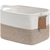 Cotton Rope Woven Basket With Handles for Shelf, Blankets, Pet Toy Books fabric Cloth Storage Basket Cube Bin Decorative Storage Organizer Laundry Living Room Nursery Bathroom Brown White, 14"x11"x10"