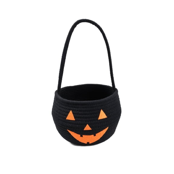 Cotton Rope Woven Basket with Handle Halloween Pumpkin Face Storage Bin Decorative Handcrafted Organizer for Home Office Party Use