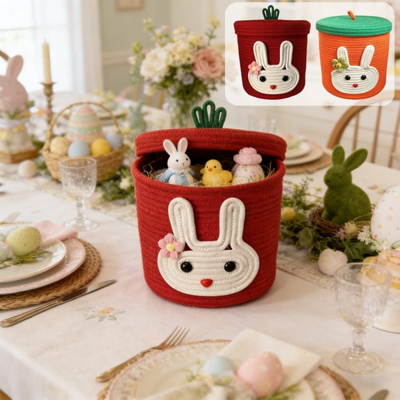Cotton Rope Woven Bunny Shaped Storage Basket with Lid, Easter Themed Rabbit Storage Bin, Handmade Decorative Organizer for Home Nursery Living Room Countertop Spring Easter Decor, 10*10in, Orange