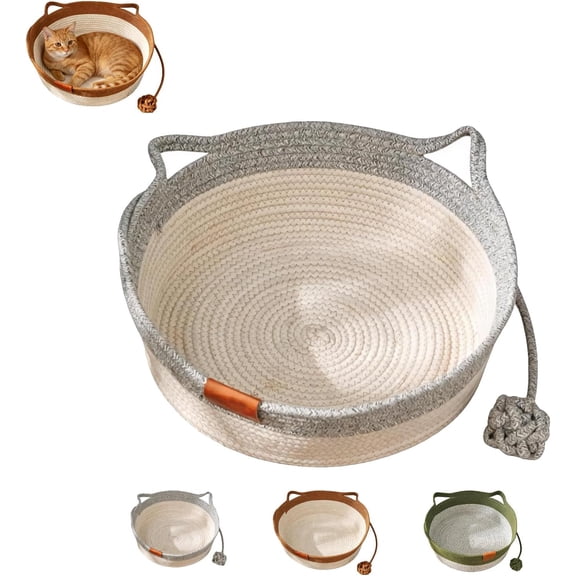 Cotton Rope Woven Cat Basket,Handwoven Cotton Rope Enrichment Bed,with Attached Toy Tail,Round Cat Sleeping Beds for Indoor, Scratchable Breathable Weave,for Cats and Dogs All-Season