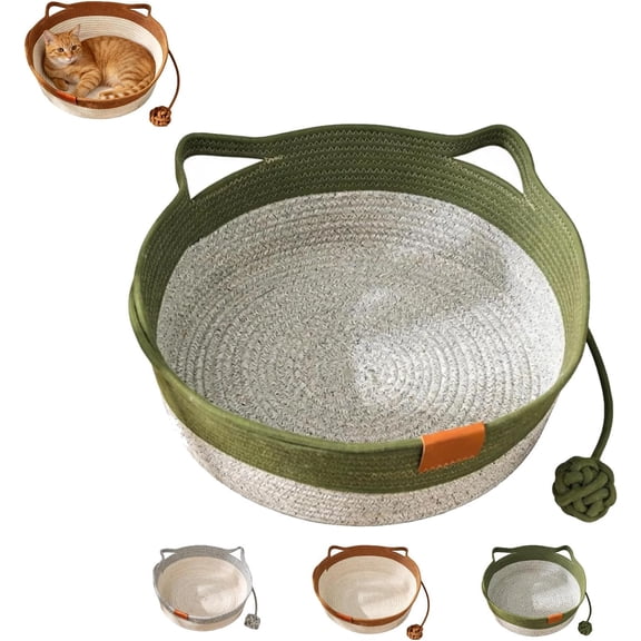 Cotton Rope Woven Cat Basket,Handwoven Cotton Rope Enrichment Bed,with Attached Toy Tail,Round Cat Sleeping Beds for Indoor, Scratchable Breathable Weave,for Cats and Dogs All-Season