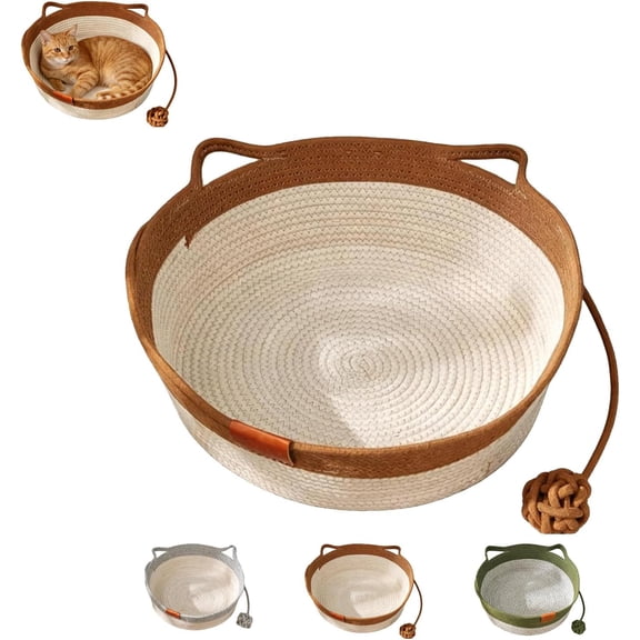 Cotton Rope Woven Cat Basket,Handwoven Cotton Rope Enrichment Bed,with Attached Toy Tail,Round Cat Sleeping Beds for Indoor, Scratchable Breathable Weave,for Cats and Dogs All-Season