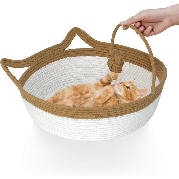 Cotton Rope Woven Cat Bed Basket – Hand Woven Pet Bed with Toy Tail, Round Cat Nest for Small Dogs, Puppies, Rabbits & Indoor Cats, 2 Sizes, Cat Ear Handle Design