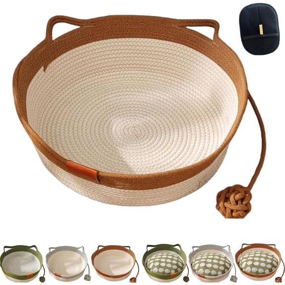 Cotton Rope Woven Cat Bed Basket Round, Foldable Sleeping Basket with Playing Rope Ball, Handwoven Scratchable Breathable Weave for Small Dogs Pets