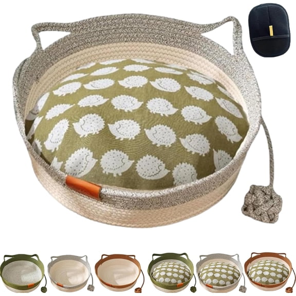 Cotton Rope Woven Cat Bed Basket Round, Foldable Sleeping Basket with Playing Rope Ball, Handwoven Scratchable Breathable Weave for Small Dogs Pets