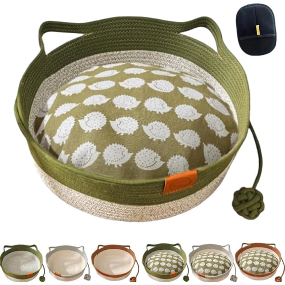 Cotton Rope Woven Cat Bed Basket Round, Foldable Sleeping Basket with Playing Rope Ball, Handwoven Scratchable Breathable Weave for Small Dogs Pets