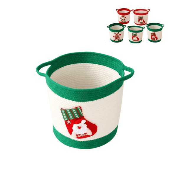 Cotton Rope Woven Christmas Storage Basket, Santa Reindeer Large Capacity Organizer Bin for Toys Laundry Holiday Gift Storage, 1Pc