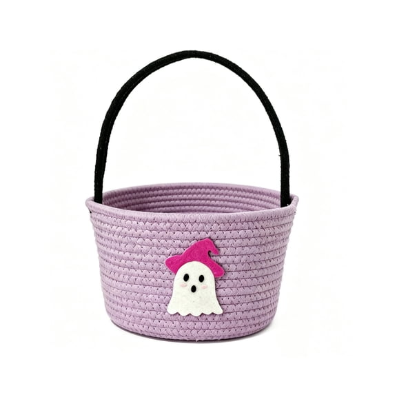 Cotton Rope Woven Halloween Basket 23X18X16Cm, Ghost Witch Hat Portable Storage Tote For Candy And Toys