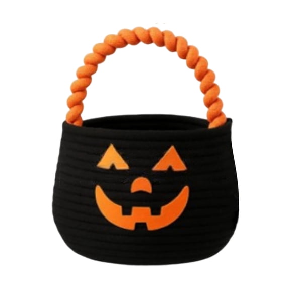 Cotton Rope Woven Halloween Pumpkin Basket with Handle, Trick or Treat Candy Bucket, Spooky Storage Basket for Candy Snacks, Neighborhood Parades Indoor Holiday Home Decor Gift Baskets 7.8x7.8Inch
