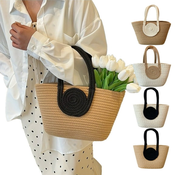 Cotton Rope Woven Handbag | Large Capacity Tote Bag | Khaki & Black/White Variants | Shoulder Bag for Daily Use | Casual Beach Bag | 12.6x7.87x3.94in Eco-Friendly Design