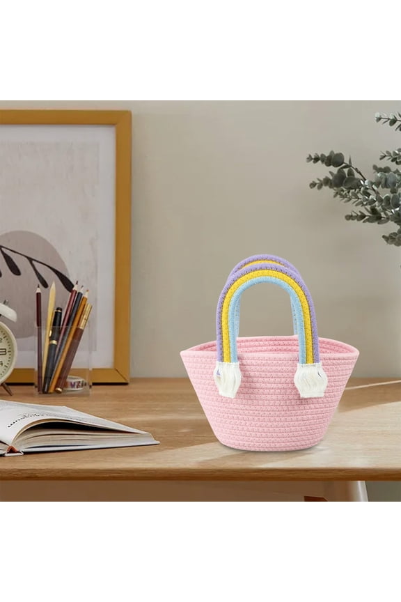 Cotton Rope Woven Handbag,Picnic Basket,Woven Storage Bag,Household Organizer Basket,Breathable Natural Bag,Reinforced Handle Bag,Decorative Storage Bag,Outdoor Picnic Daily Use Bag