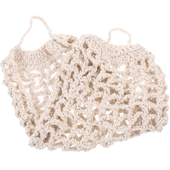 Beige Cotton Rope Woven Hanging Storage Net Bag Basket for Kitchen Fruits and Vegetables Organizer, Breathable and