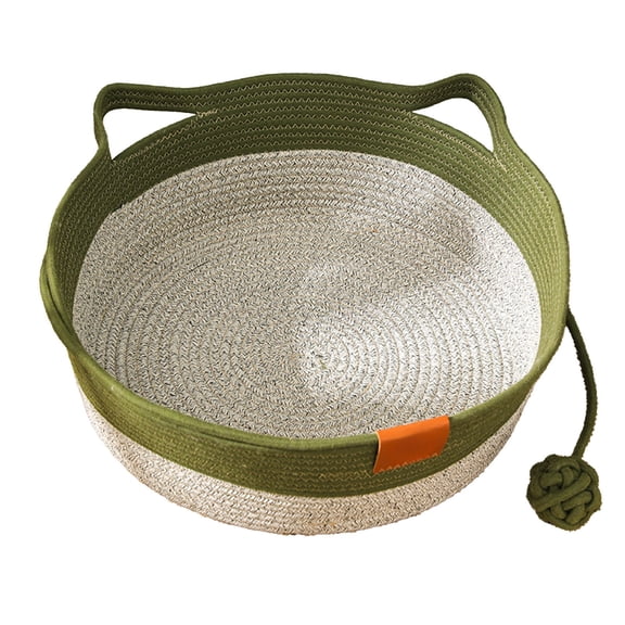 Cotton Rope Woven Pet Bed with Toy Ball, Breathable Cat-Ear Woven Cat House Round Pet Nest for Cats and Small Pets