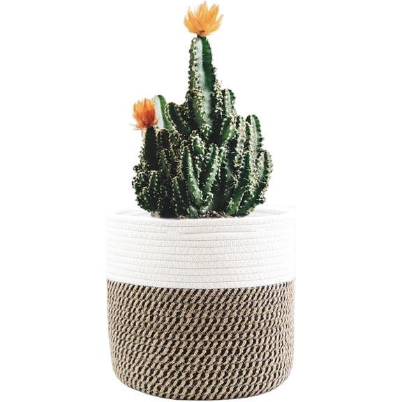 Cotton Rope Woven Plant Basket: 12 inch Decorative Round Rope Woven Basket with Liner and Handles, Indoor Flower Plant Pot, Modern Foldable Storage Basket, Desk Organizer for Home Decor