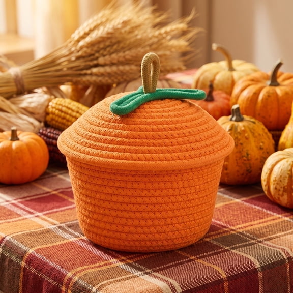 Cotton Rope Woven Pumpkin Storage Basket with Lid, Decorative Fall Harvest Organizer Bin, Rustic Tabletop Countertop Basket for Kitchen Thanksgiving Autumn Home Decor, Orange