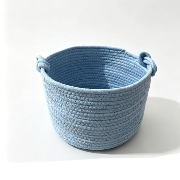 Cotton Rope Woven Storage Basket 24x18 cm (9.4x7.1 in) Round Toy Organizer Bin with Figure8 Knot Handles Decorative Woven Storage