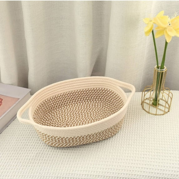Cotton Rope Woven Storage Basket with Handles, Oval Decorative Basket for Toys Snacks Blankets, Farmhouse Home Decor for Living Room Nursery, Medium Size, Beige