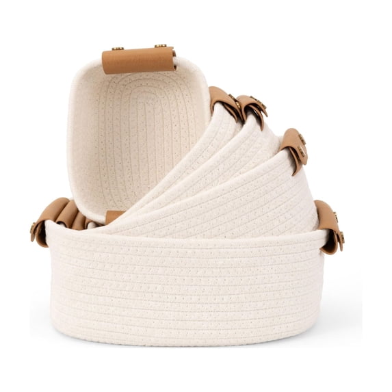 Cotton Rope Woven Storage Basket Set of 5, Off White Shelf Organizer Bins with Handles