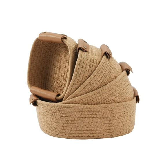 Cotton Rope Woven Storage Basket Set of 5, Tan Shelf Organizer Bins with Handles