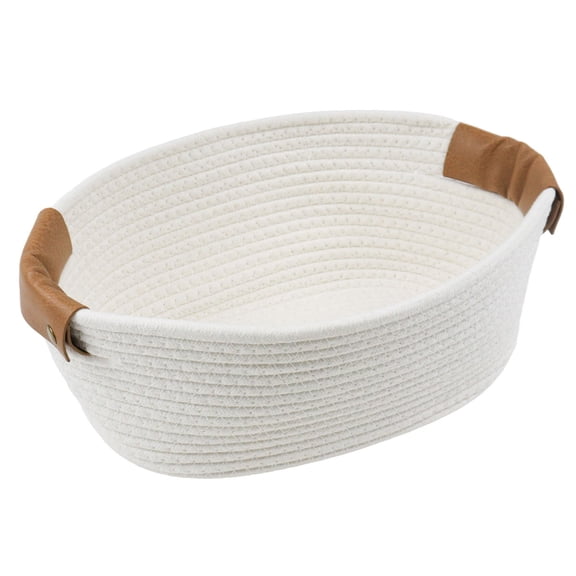 Cotton Rope Woven Storage Basket with Handle, Decorative Organizer for Towels, Clothes, Books, Laundry, Living Room, Bathroom, Shelves, White