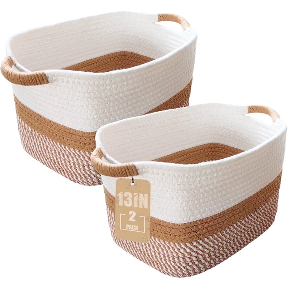 Domaci 2 Pack Woven Storage Baskets, 13"x10"x9" Rectangle Cotton Rope Baskets for Storage for Toys, Towels & Clothes